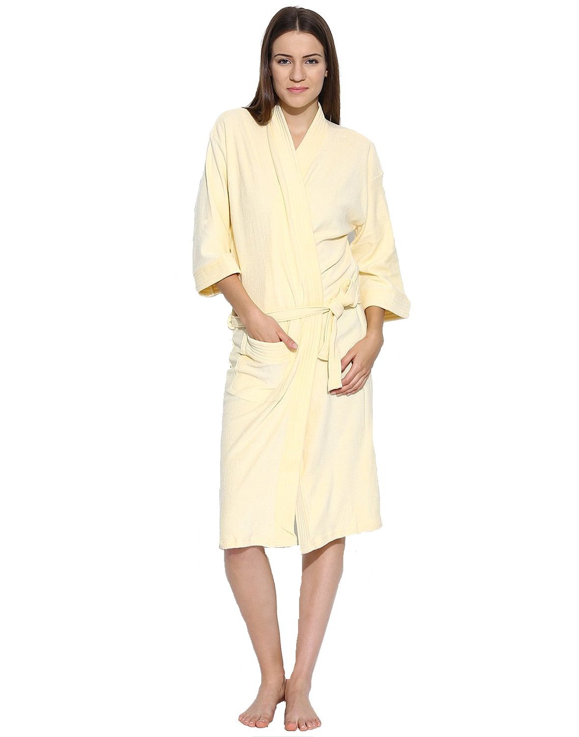 Premium Micro Terry Free Size Unisex Adult Bathrobe with Front Pocket (Yellow)-image-9