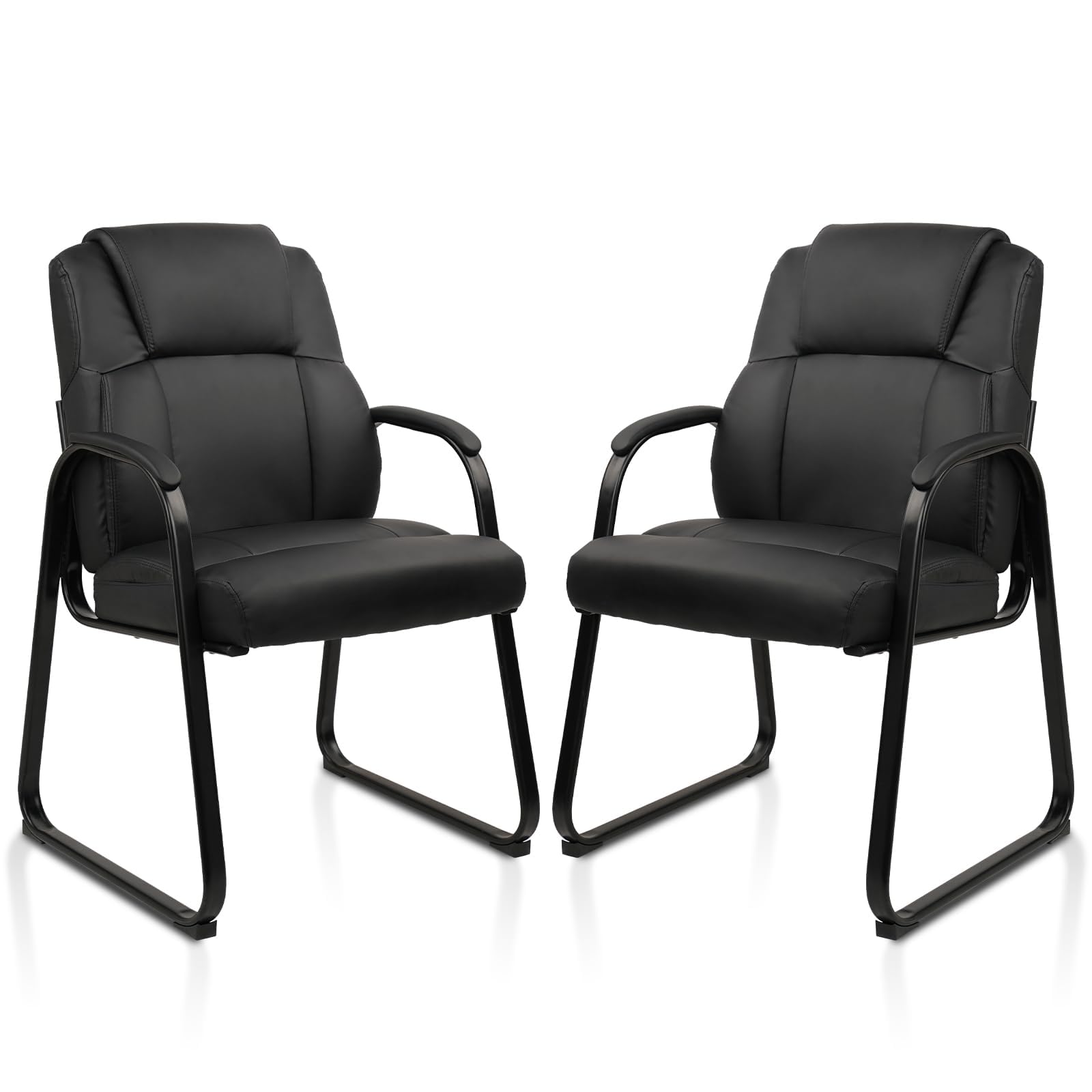 CLATINA Leather Guest Waiting Reception Chair with Padded Arm Rest and Thick Seat Cushion Sled Base Comfy Stationary Desk Chairs for Office Conference Meeting Lobby Hall Side Break Room, Black, 2 Pack