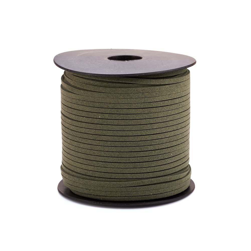 Cheriswelry 90m Faux Suede Cord 3mm Flat Lace Faux Suede Leather Craft Beading Thread String for DIY Jewellery Bracelet Making,Dark Olive Green