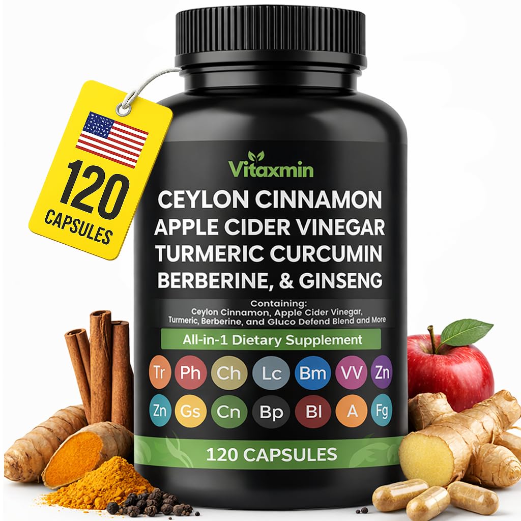 Ceylon Cinnamon Capsules with Berberine, Apple Cider Vinegar, Turmeric Curcumin, Chromium, Gymnema Sylvestre, Ginseng - Daily Wellness Supplement 120 Caps Made in USA
