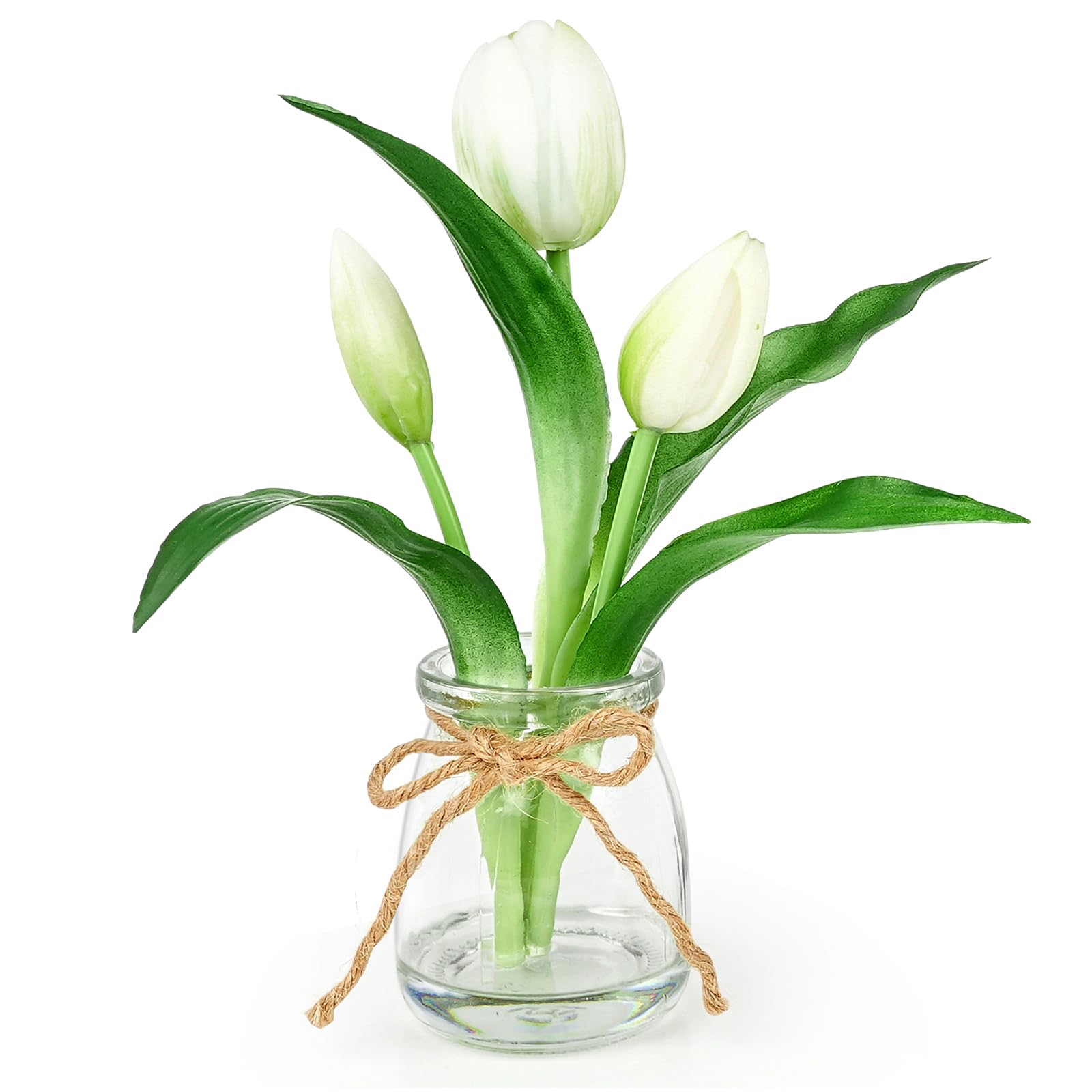 SJC 人工チューリップ フラワーアレンジ ガラス花瓶入り フェイクウォーター リアルタッチ チューリップフラワー 結婚式 自宅 オフィスの装飾 チューリップ 造花 ガラスの花瓶 フェイクウォーター 本物の手触り 白いチューリップ 花瓶付き フラワーアレンジメント テーブル センターピース  デコレーション ホーム キッチン オフィス ウェディング用