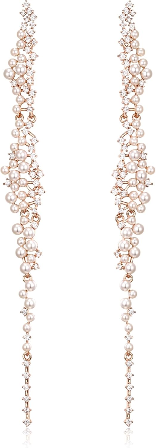 Crysdue Long Pearl Earrings for Wedding, Elegant Simulated Pearl Cubic Zirconia Cluster Chandelier Dangle Earrings for Women Bridal Bridesmaid