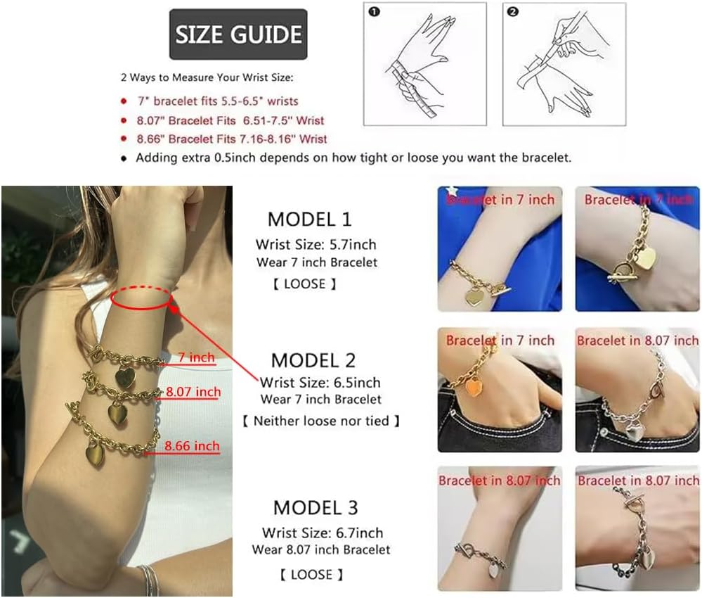 WangGao Heart Pendant Jewelry Sets Stainless Steel Love Cable Link Chain Necklace & Bracelet for Women with Toggle Clasp