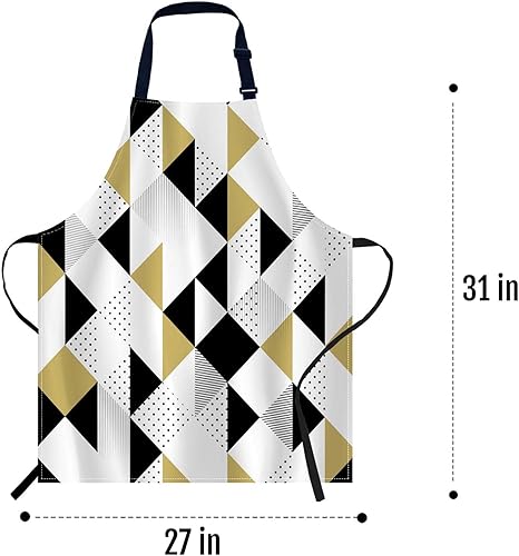 Miniatura 5 de oFloral Delantal para cocina casera 012, Patrón de triángulo blanco y negro dorado