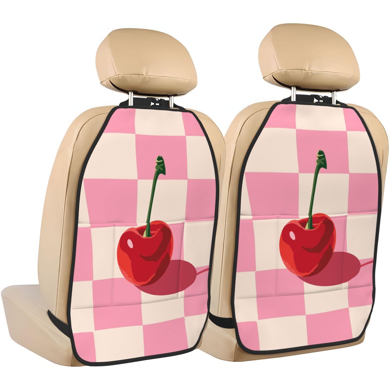 Minimalist Cherry On Pink White Checker Board Car Seat Back Kick Protectors,2 Pack Kick Mats with Storage Pockets for Vehicles to Protect from Dirt Mud Scratches