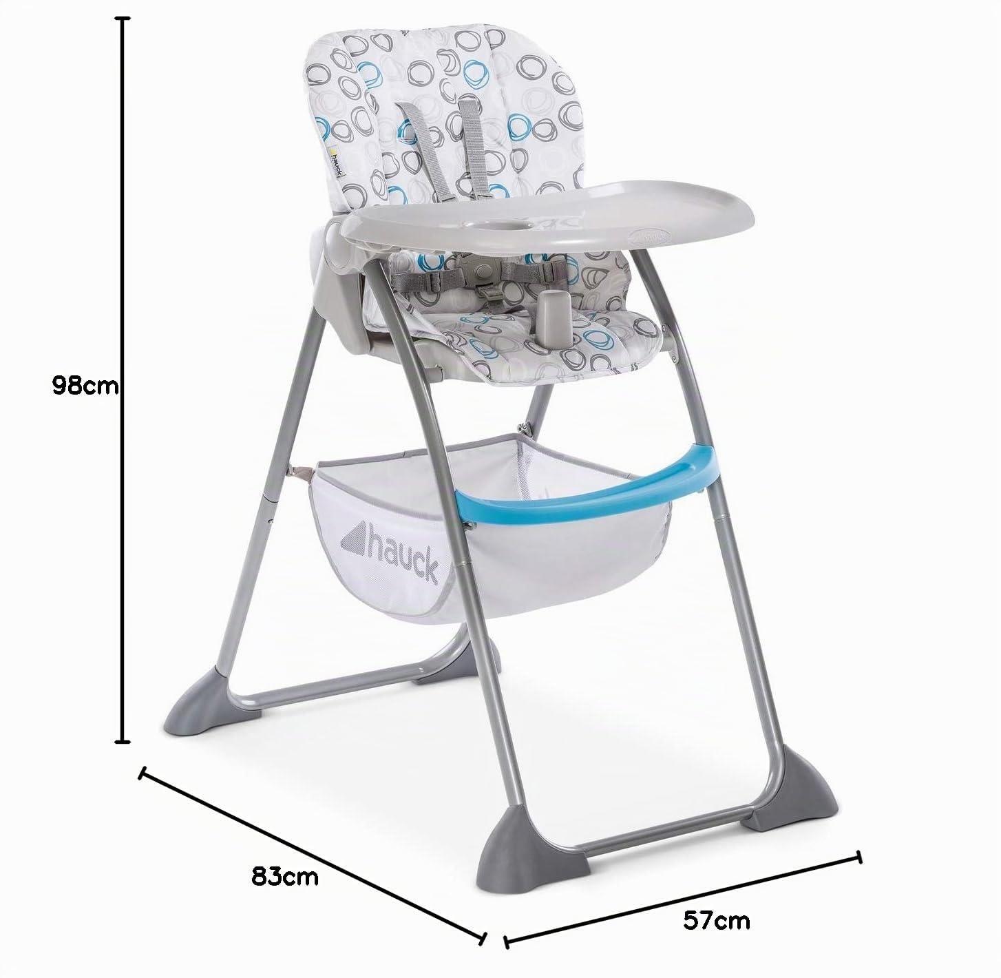 hauck Seggiolone Pappa Sit N Fold - Seggiolone Portatile da 6 Mesi fino a 15kg - Pieghevole, Compatto con Vassoio e Schienale Regolabile - Grande Cesto Portaoggetti - Blu/Grigio, Cerchi
