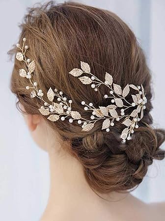 Missgrace Vintage Rose Gold Leaves and Floral Bridal Headband Bohemian Headpiece Crystal Pearl Hair Vine Flower Halo Wedding Hair Accessories for Women (Rose gold)