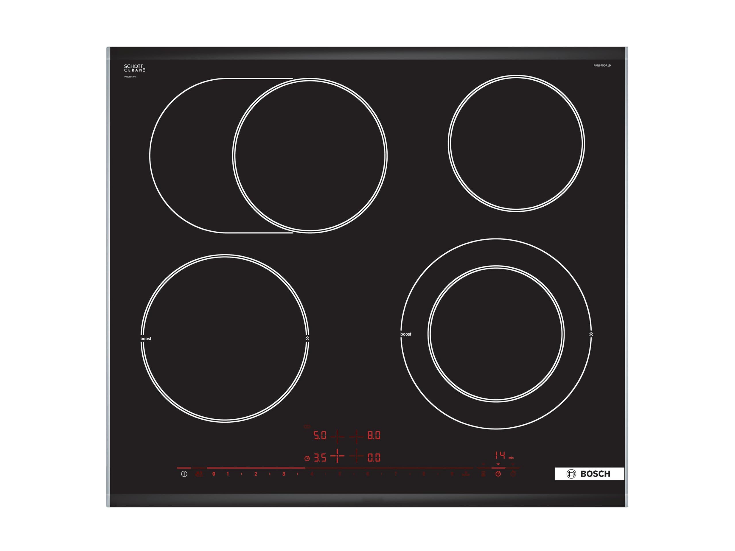 Bosch PKN675DP1D Serie 8 Elektrokochfeld (autark), 60 cm, Made in Germany, DirectSelect Premium, PowerBoost, Bräterzone, effizientes Kochen mit Energieverbrauchs-Anzeige, ReStart, Schwarz