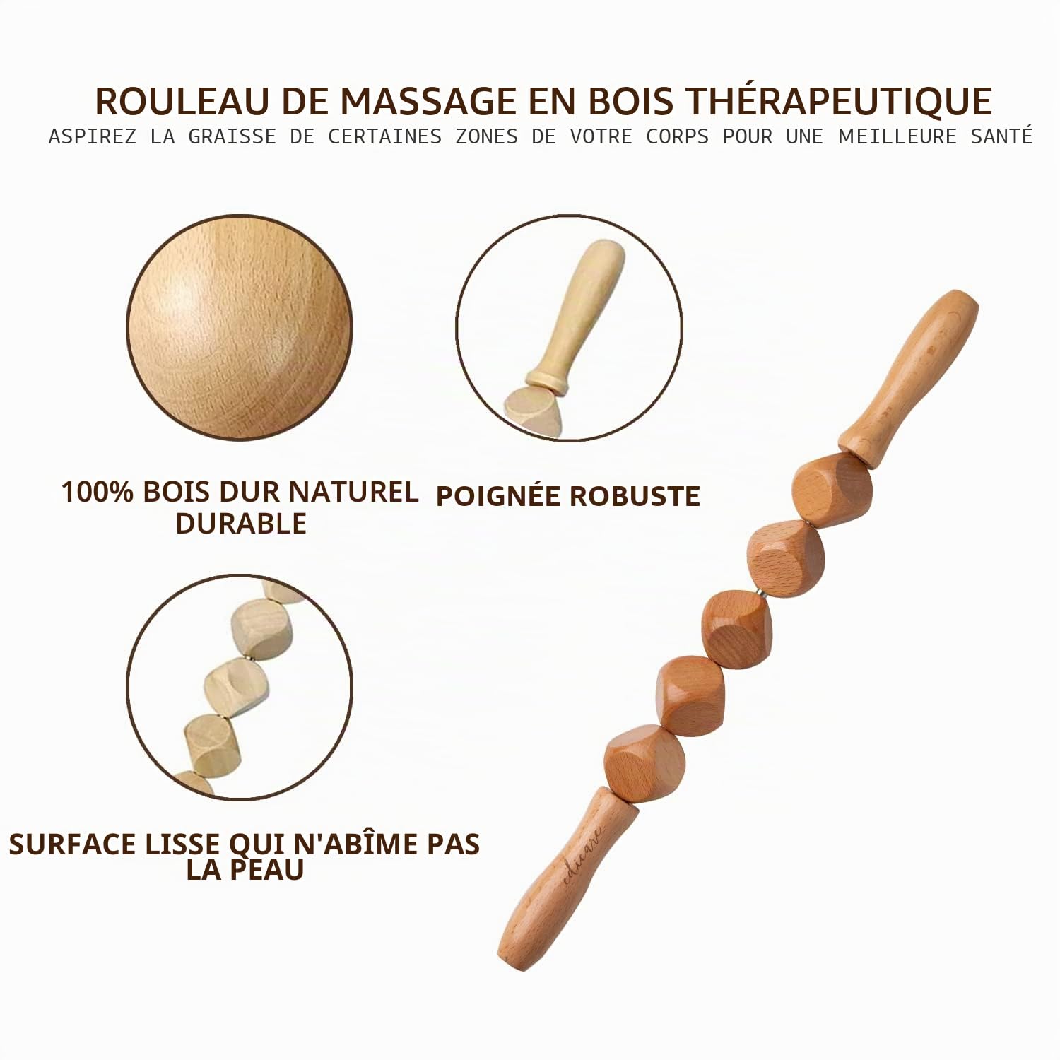 Edicare, Maderotherapie, Anti Cellulite, Rouleau de Massage ou Kit 5 Pièces, Bois, Tableau, Coupe, Dos, Jambes, Musculaire, Corps, Esthétique (Kit 5 Pièces)