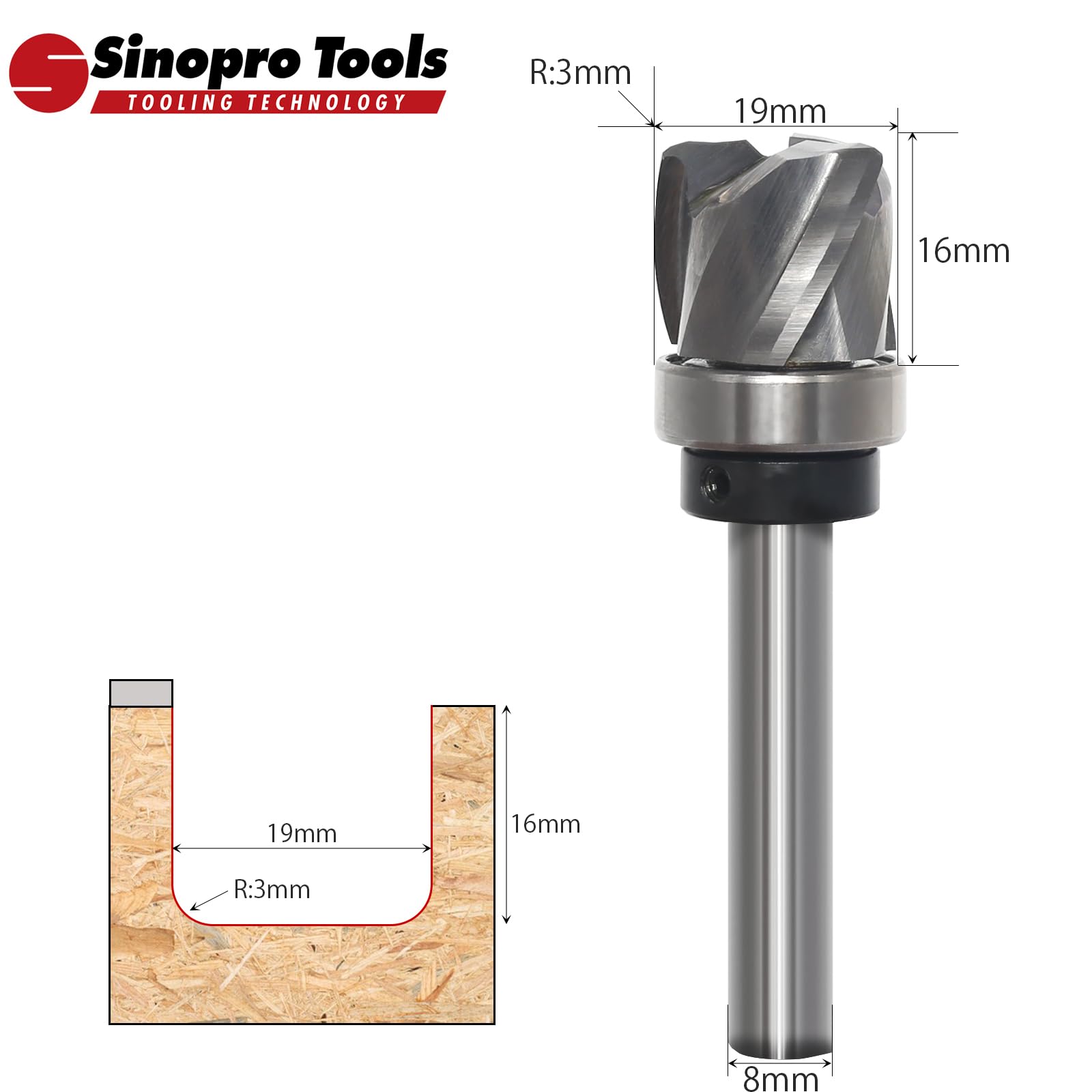 Fresa para fresas huecas de 8 mm, diámetro de corte de 19 mm, longitud de corte de 16 mm, radio de 3 mm, 3 mm de diámetro, 3 flautas de carburo de tungsteno para fresadora