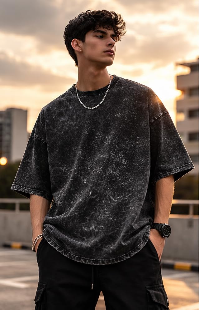 Image of boffi ... 100% Cotton Oversized T-Shirt Unisex Drop Shoulder Dye Washed Street Look Black Pack of 1