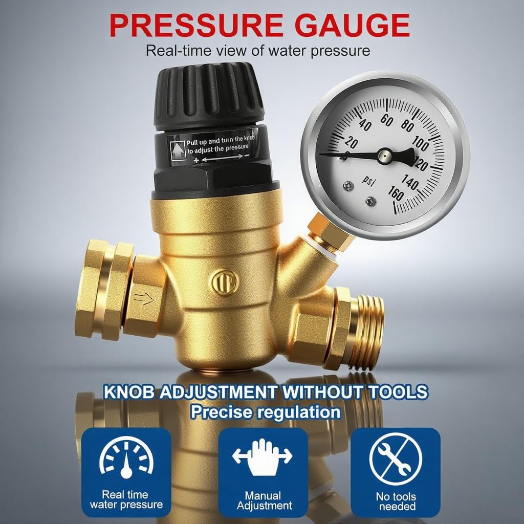 LEZZON RV001A RV Water Pressure Regulator With Gauge, 0-160psi, Brass Body, Knob Valve, RV Accessories - View #12
