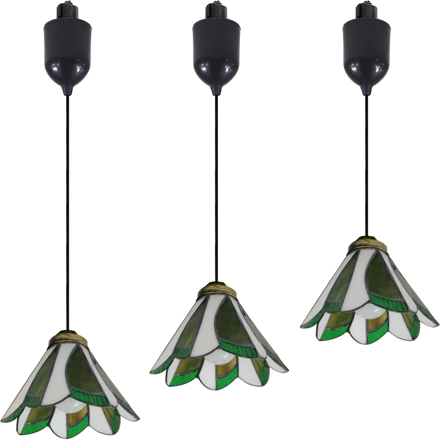 Mini Adjustable Cord Length Halo Track Lighting Pendants, 4 Ft Cord, H-Type Track Dark Green Lily Stained Art Glass, E26 Socket Track Mount for Kitchen Island Sloped Vaulted Ceiling