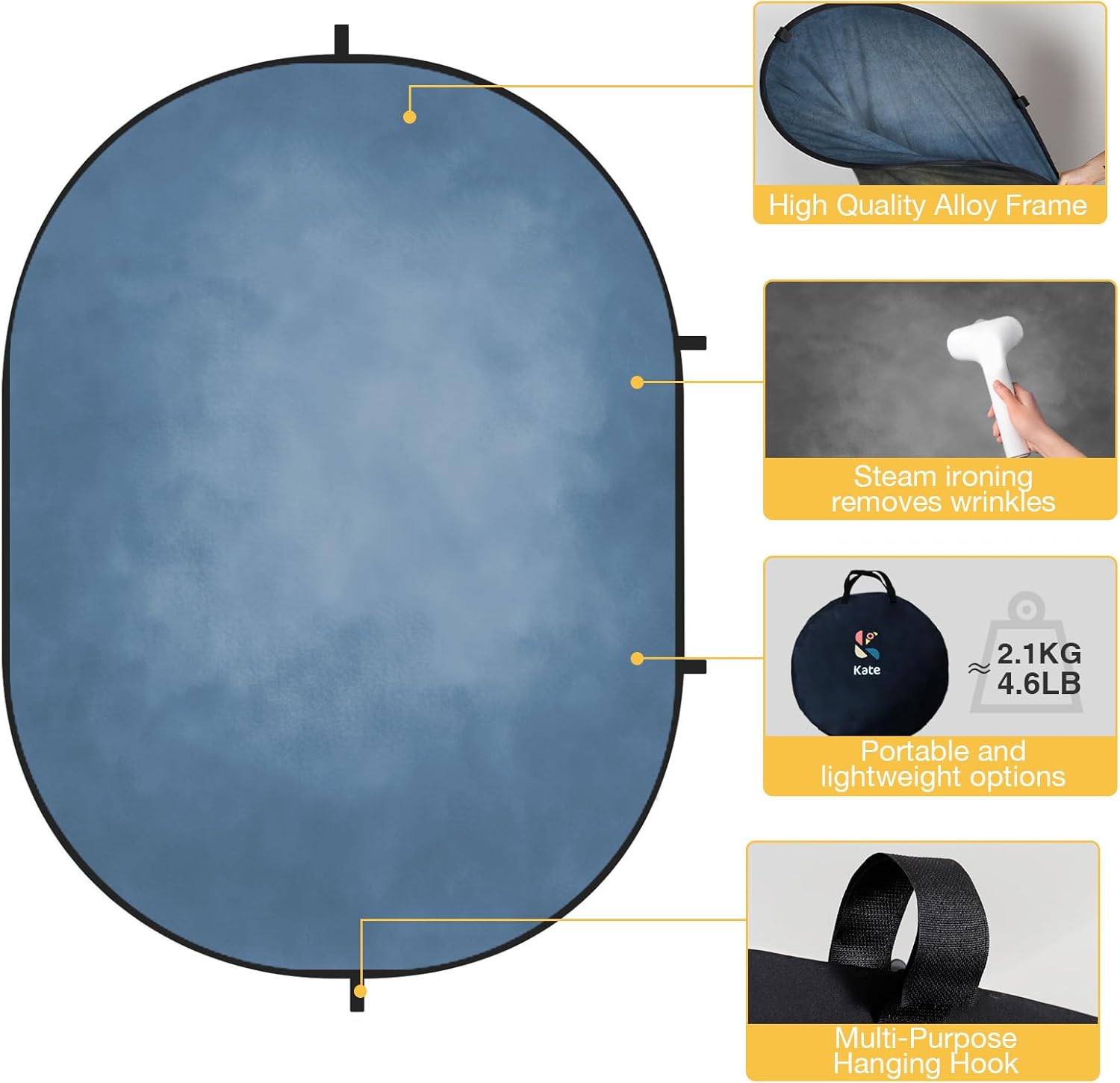 Kate 5x6.5ft(1.5x2m) Collapsible Backdrop Grey Blue Collapsible Twist Flex Folding Pop up Backgrounds for Photoshoot, Headshots Photo, Video Calls