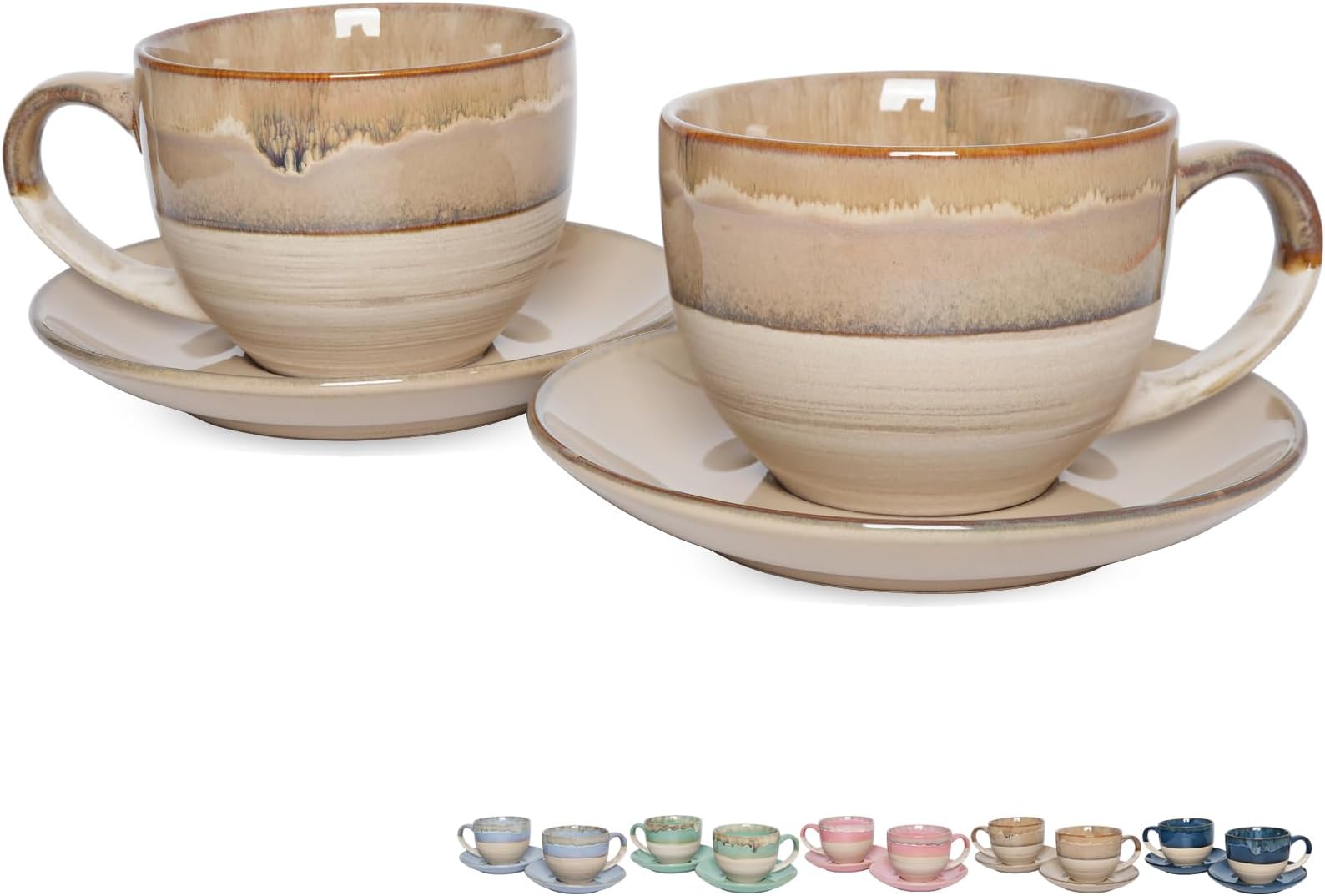 Bosmarlin Ceramic Cappuccino Cup and Saucer Set of 2, 10 Oz, Coffee Cups for Latte, Espresso, Tea, Dishwasher and Microwave Safe, Reavtive Glaze (Brown Grey)