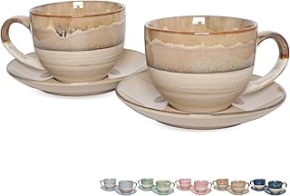 Bosmarlin Ceramic Cappuccino Cup and Saucer Set of 2, 10 Oz, Coffee Cups for Latte, Espresso, Tea, Dishwasher and Microwav...
