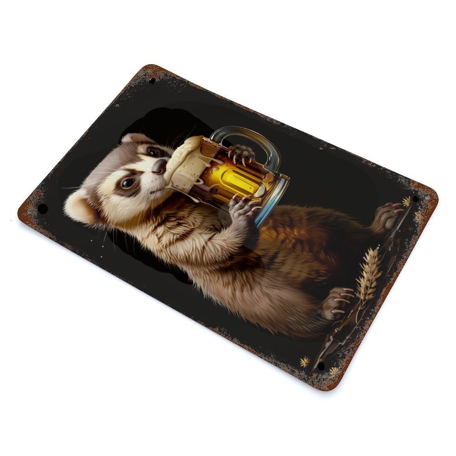 Ferret Beer Aged Metal Wall Plaque 11.8"x7.9", Industrial Home Decor for Pub, Kitchen And Man Cave Decor