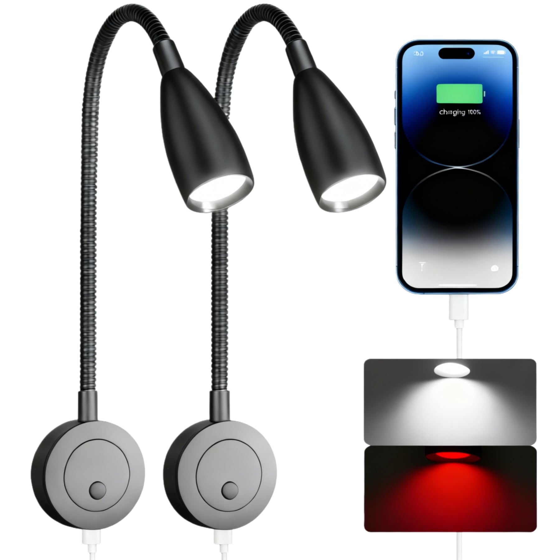 2W Lámparas de Lectura LED 12V/24V Autocaravana con Luz Blanca 4000K y Roja, USB-C 20W, Atenuar Luz de Lectura Liviana para Caravana, Campervan, Furgoneta, Barco, Yate, 2 pezzi (Negro)