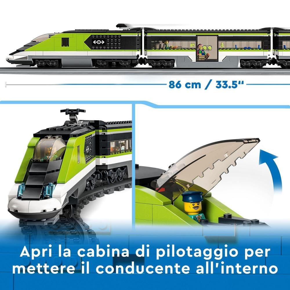 LEGO City Treno Passeggeri Espresso - Include Trenino Giocattolo Telecomandato con Fari Funzionanti, 2 Carrozze, 24 Binari e 6 Minifigure - Regalo per Bambini e Bambine da 7 Anni in su - 60337