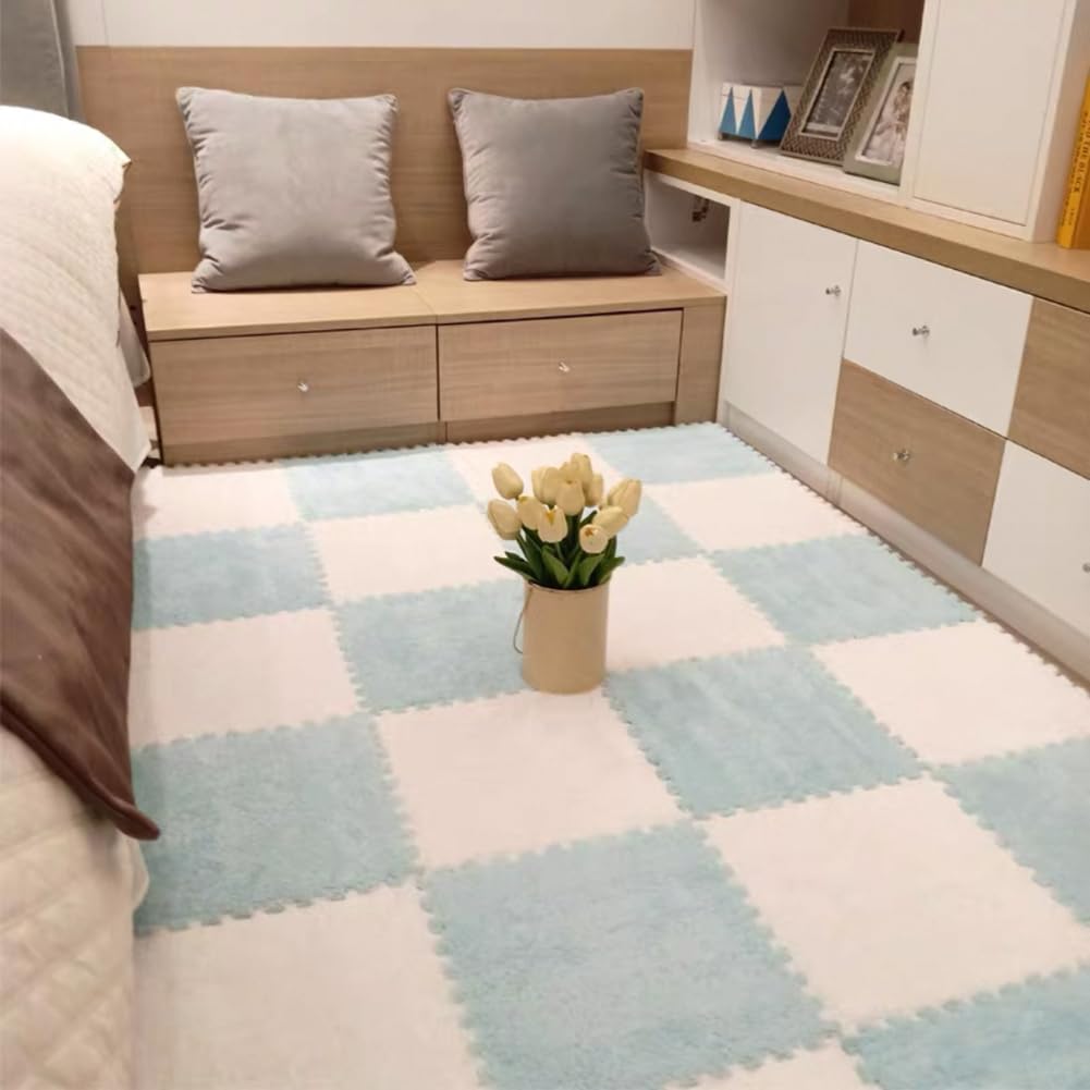 10 Tiles Interlocking Puzzle Play Mat 30x30x1cm EVA Foam Floor Mats,Fluffy Area Rug for Living Room Bedroom,Non-Slip Protective Floor Carpet (White Blue)