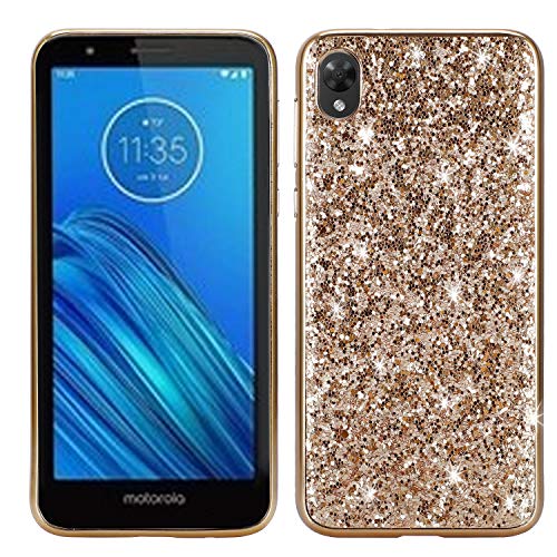 WIWJ Motorola Moto E6 Glitter Case,Soft Silicone Case Glitter Sparkle Sequins Rhinestones Glossy Case Soft Protective Shell Gel TPU Diamond Bumper Back Cover Female Shell - Gold
