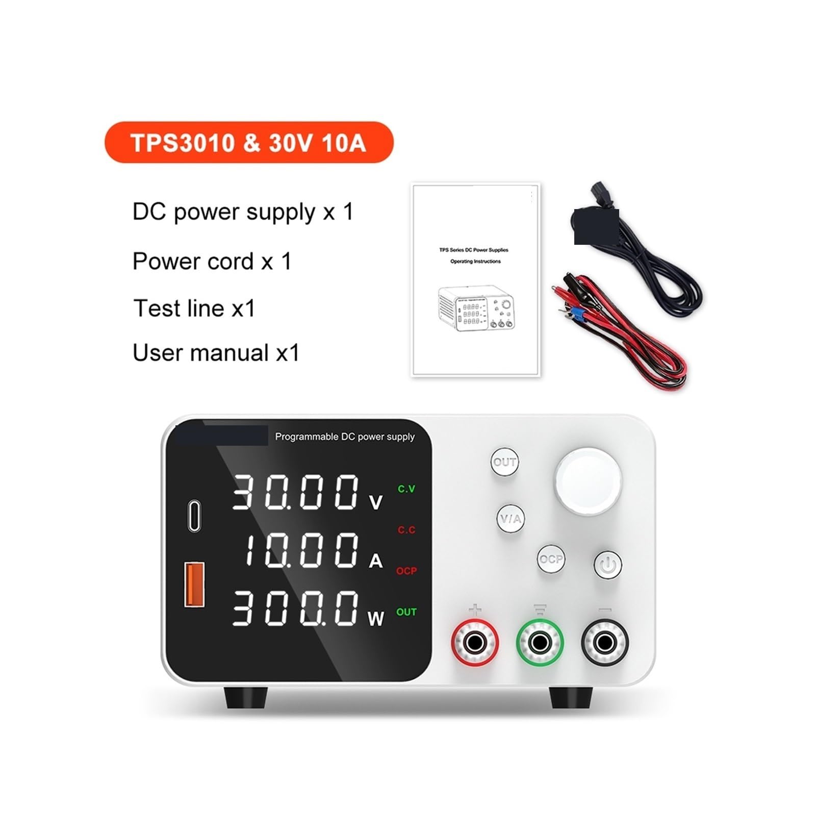 Fuente de alimentación variable, Fuente De Alimentación Laboratorio 30V 10A Con Carga Rápida USB Corriente Voltaje Regulable 5A 60V 120V 3A CC(TPS3010 White)