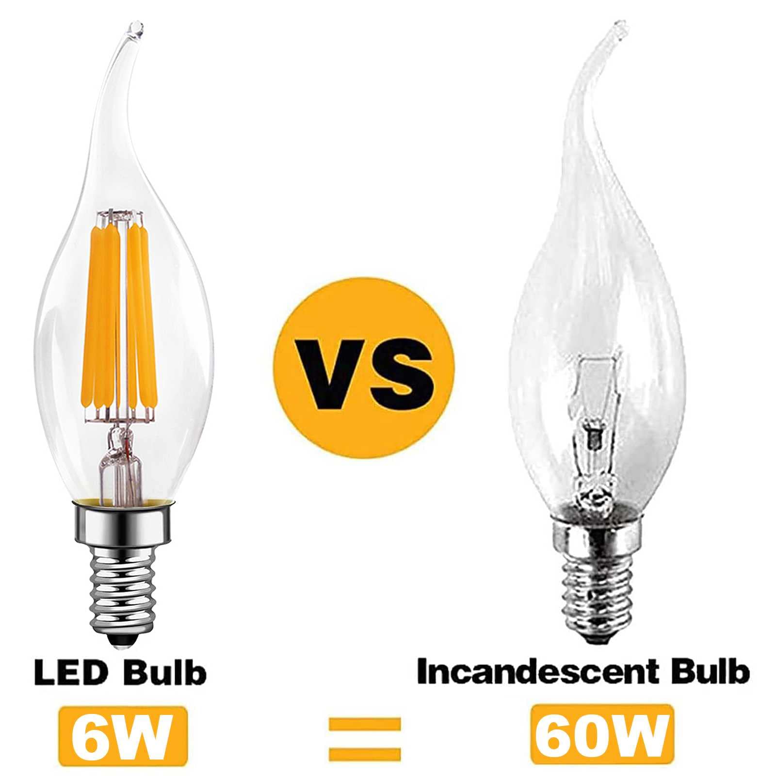 E12 Bombilla LED para candelabro 6 W regulable, equivalente a 60 W bombillas LED 2700 K blanco cálido 600 lúmenes punta de llama bombilla de araña de filamento LED base de candelabro E12 paquete de 10