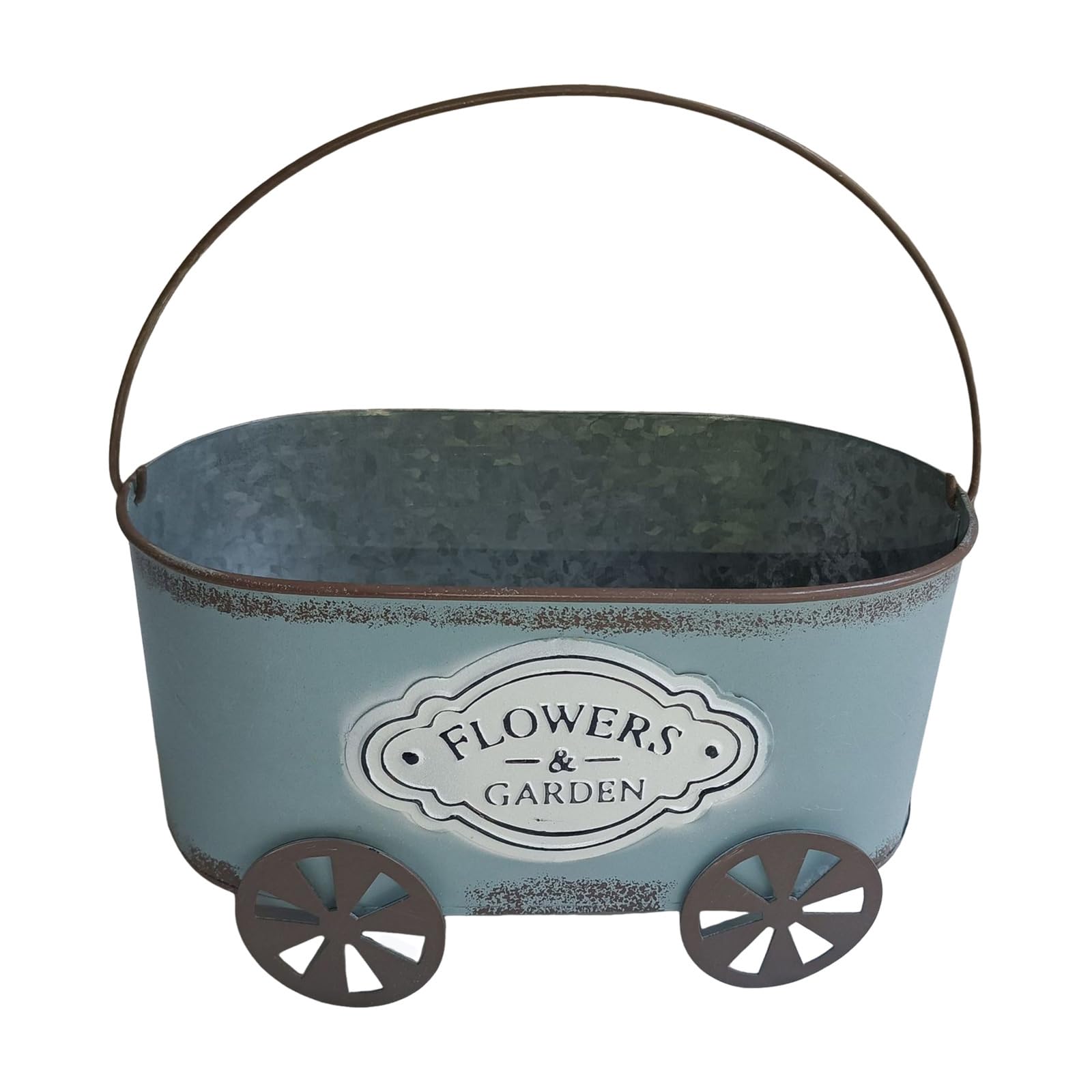 YWLUUOO Oval Metal Flower Pots Cart with Carry Handle for Entryway and Living Room Decoration, Distressed Farmhouse Flower Pots Oval Planter Cart Tabletop Centerpieces