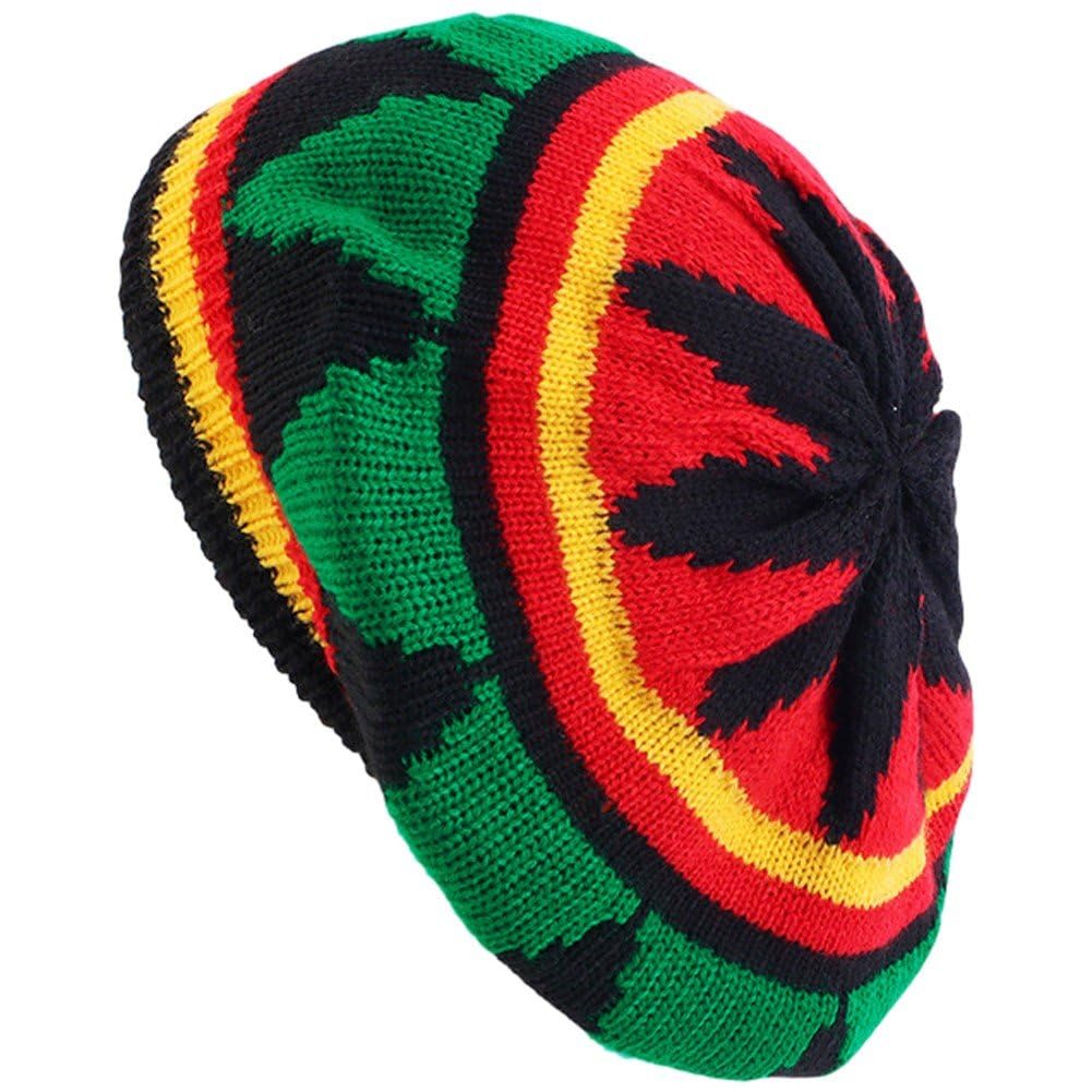 Uzztfa Unisex Red Jamaican Reggae Cap Knit Rasta Hat Beanie Hat Knitted Beret Cap Colorful Crochet Leaves Hip Hop Hippie Beanie Slouchy Baggy Cap