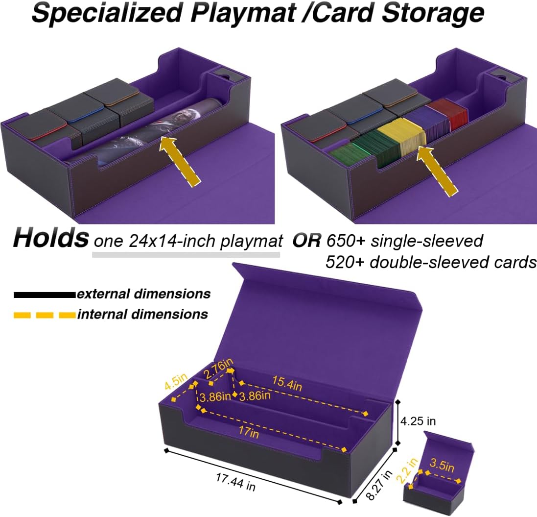 Venssu MTG Deck Box Holds 5 Display Card Deck Boxes with Playmat and Dice Box,Includes 10 colorful dividers and 1 card supporter, Trading Card Storage Box For Magic Game Cards（Black and Purple）