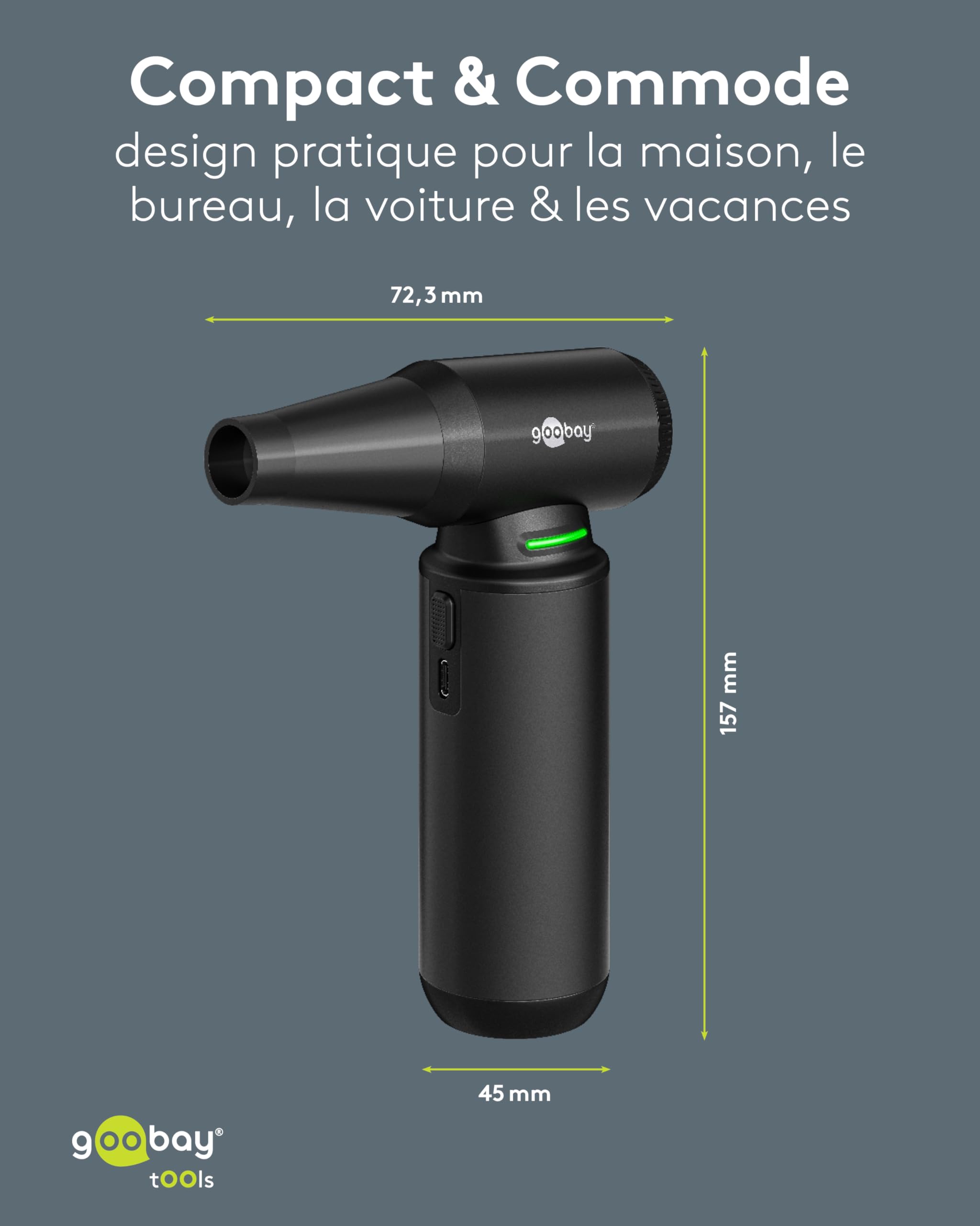goobay Souffleur de poussière à 3 Vitesses, Batterie 6 000 mAh, 130 000 TR/Min, autonomie jusqu'à 110 Min, avec 8 Embouts pour éliminer la poussière sur Les canapés, claviers, Voitures – 77831
