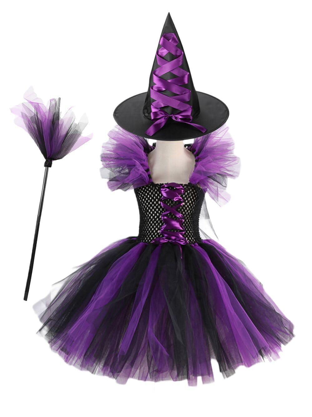 MOLFROA Handmade Girls Tutu Dress for Halloween with Witch Broom and Witch Hat Dress Up Dresses Set