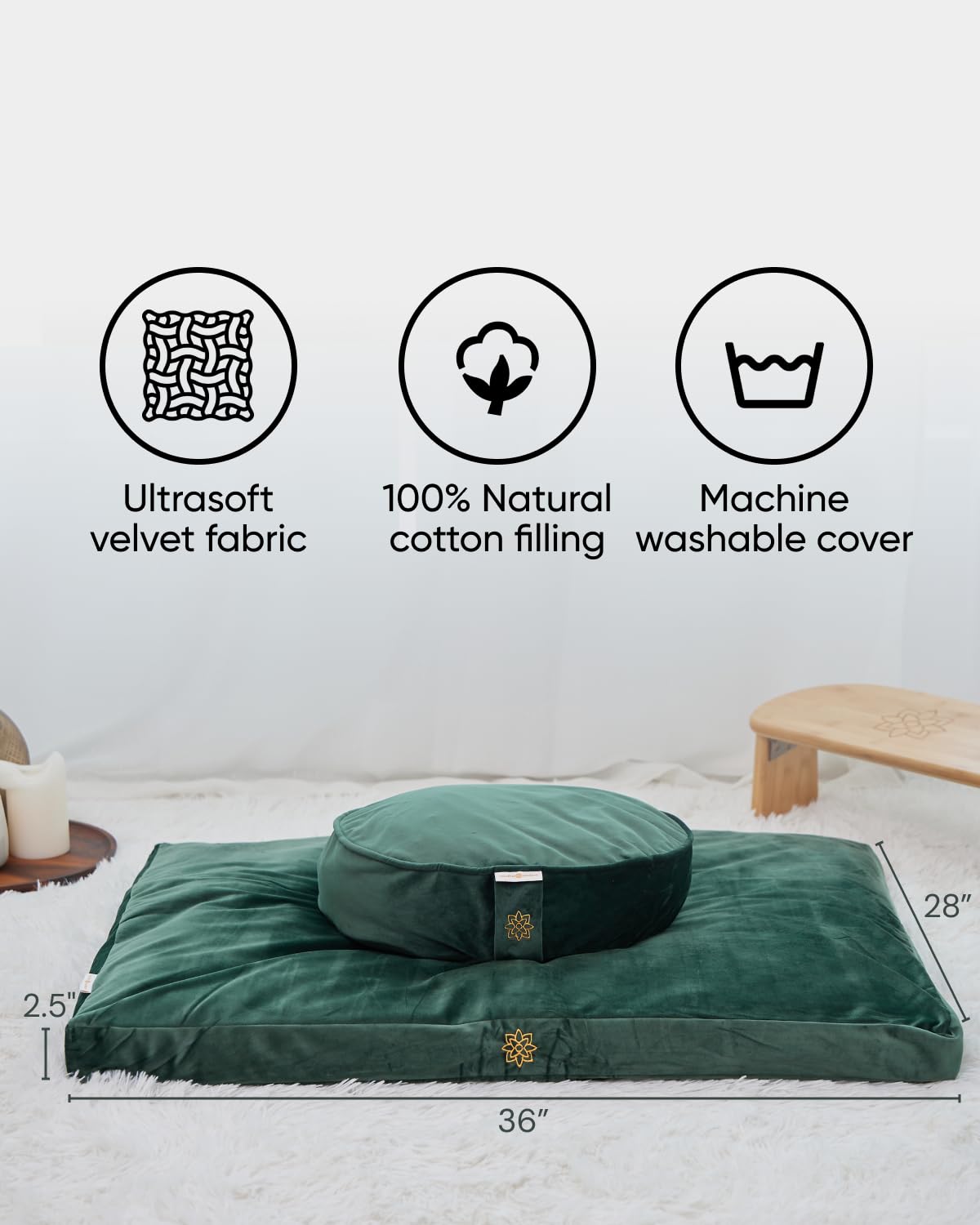 Mindful Modern Tappetino da meditazione in velluto Zabuton, lussuoso cuscino da meditazione con imbottitura in 100% cotone, per una migliore postura e un maggiore comfort per Zafu o panca (verde