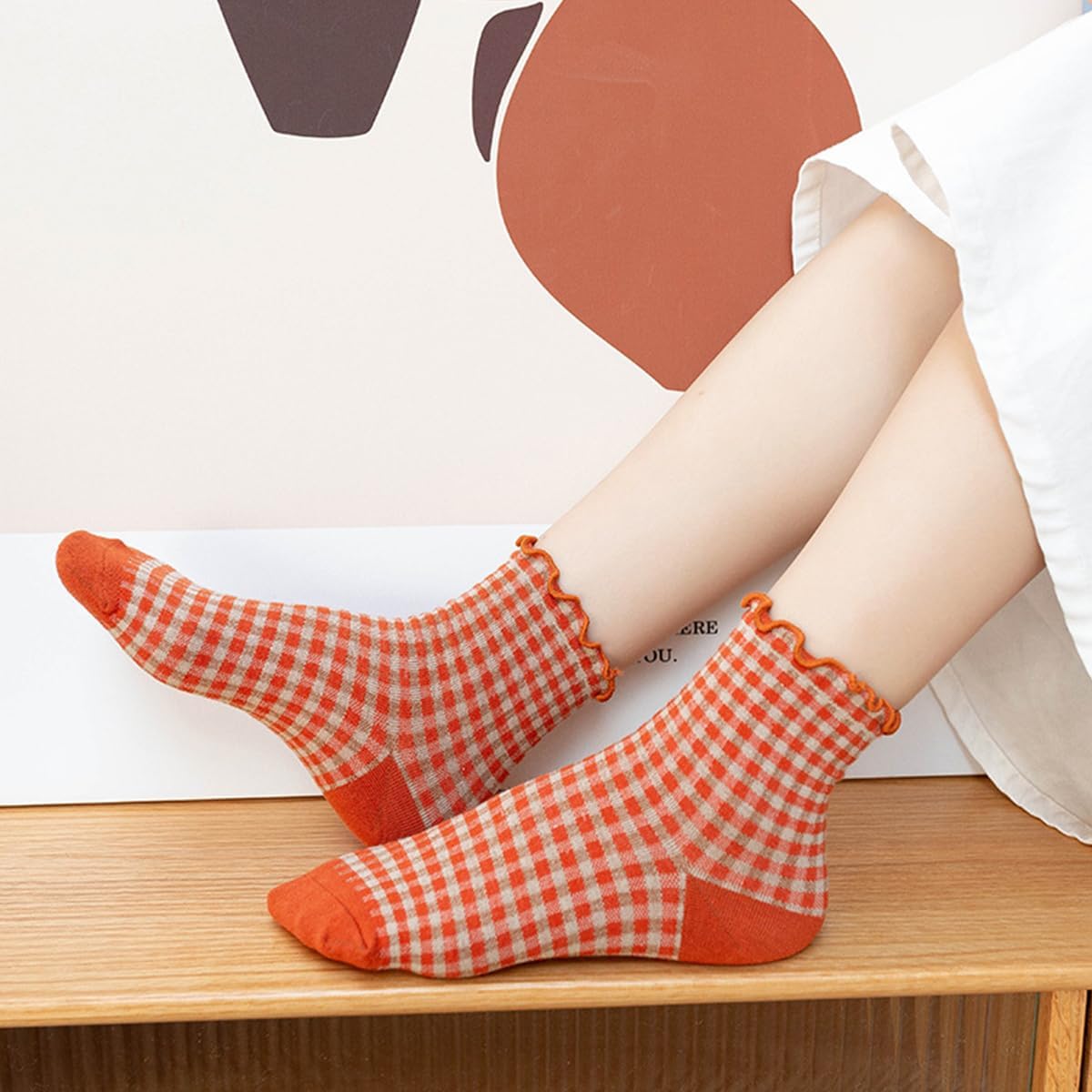 Women Cute Ruffle Socks Cotton Casual Athletic Frilly Ankle Sock Checkered/Plaid - Image 2