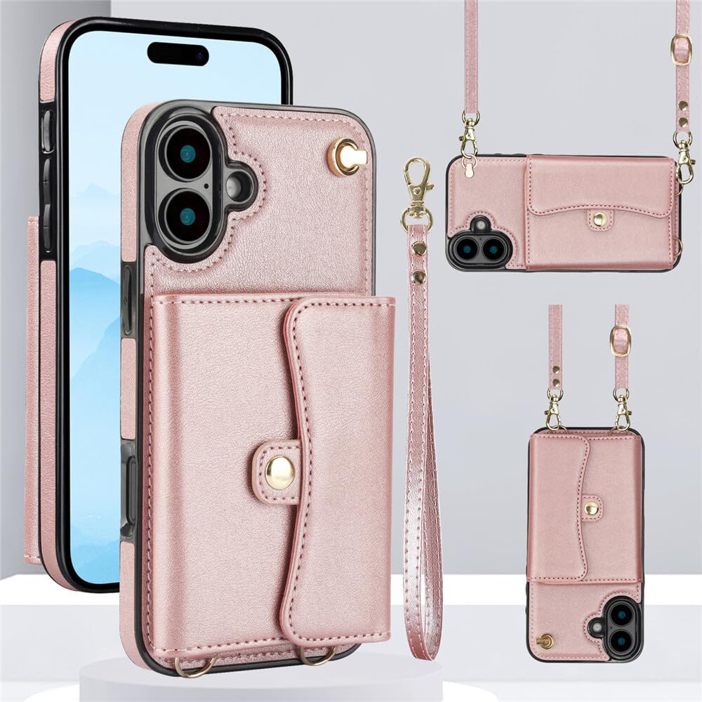 Generic - Funda con tapa para iPhone 13 Pro (color rosa con correa de hombro)