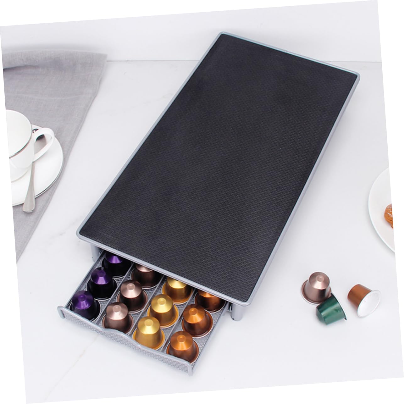 Porta Capsule Cassetto in Metallo, Organizer 40 Pezzi | Nero, Struttura Compatta e Leggera, Adatto a Cucina e Ufficio, Formato 1 Pezzo