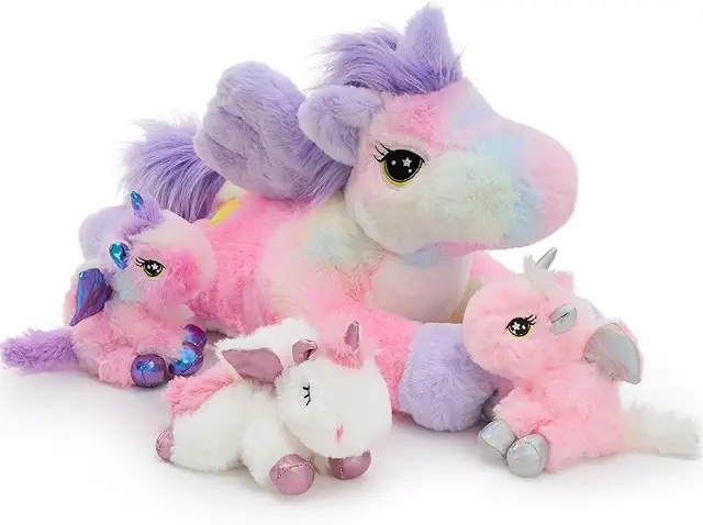 Peluche Licorne Géante XXL Maman avec 3 Bébés, 50cm, Cadeau Enfant