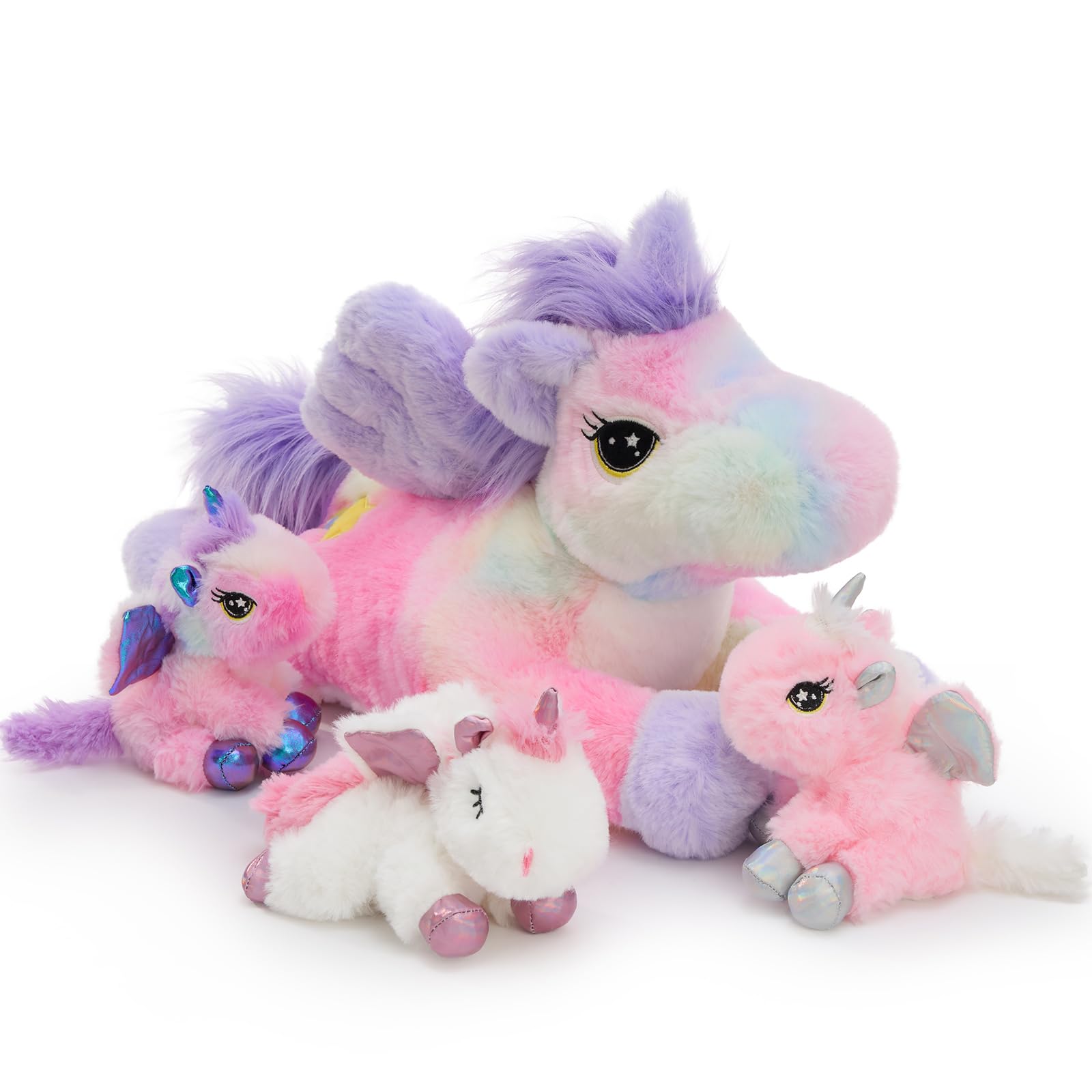 MorisMos Unicornio Peluches Gigante, 50cm Mamá con 3 Kawaii Bebés, Realistas Suave Juguete de Peluche Grande Regalos para Niñas, Niños, Cumpleaños Navidad