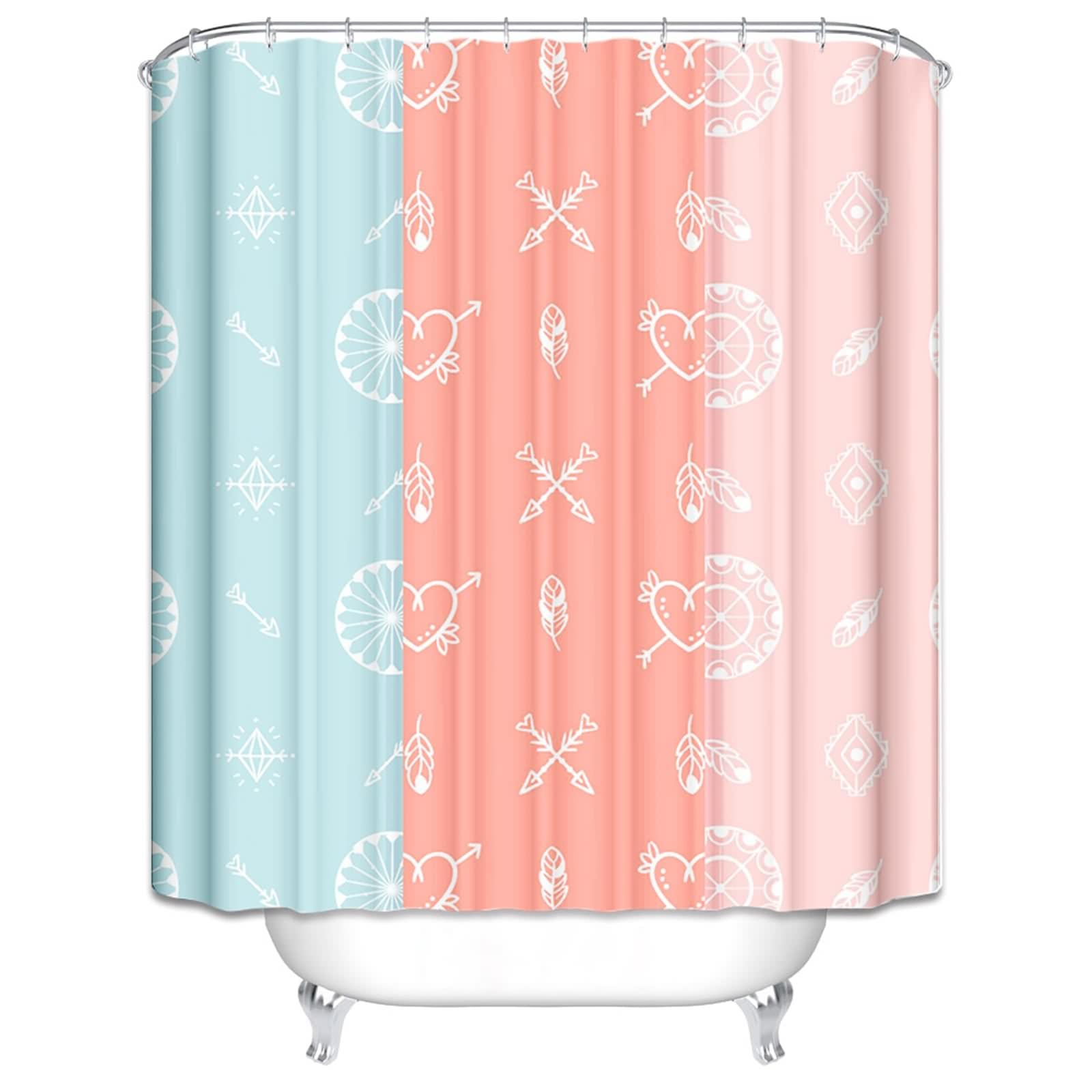 Rideau de douche moderne en tissu hydrofuge rose et bleu 200x180cm pour baignoire avec anneaux
