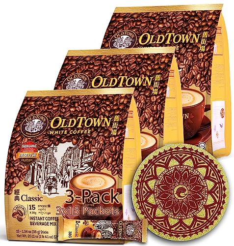 (3 Pack - Classic) Old Town (3 In 1) Classic White Coffee Asian Instant Coffee Whalever Eco Friendly Cork Coaster Package, Oldtown White Coffee 45 Packets #TOP20