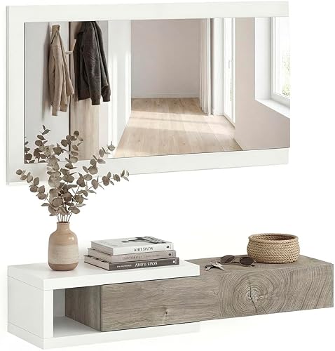 duehome | Recibidor con Cajon y Espejo, Mueble de Entrada, Modelo Derek, Acabado en Blanco Artik y Roble Alaska, Medidas: 95 cm (Ancho) x 19 cm (Alto) x 25,2 cm (Fondo)