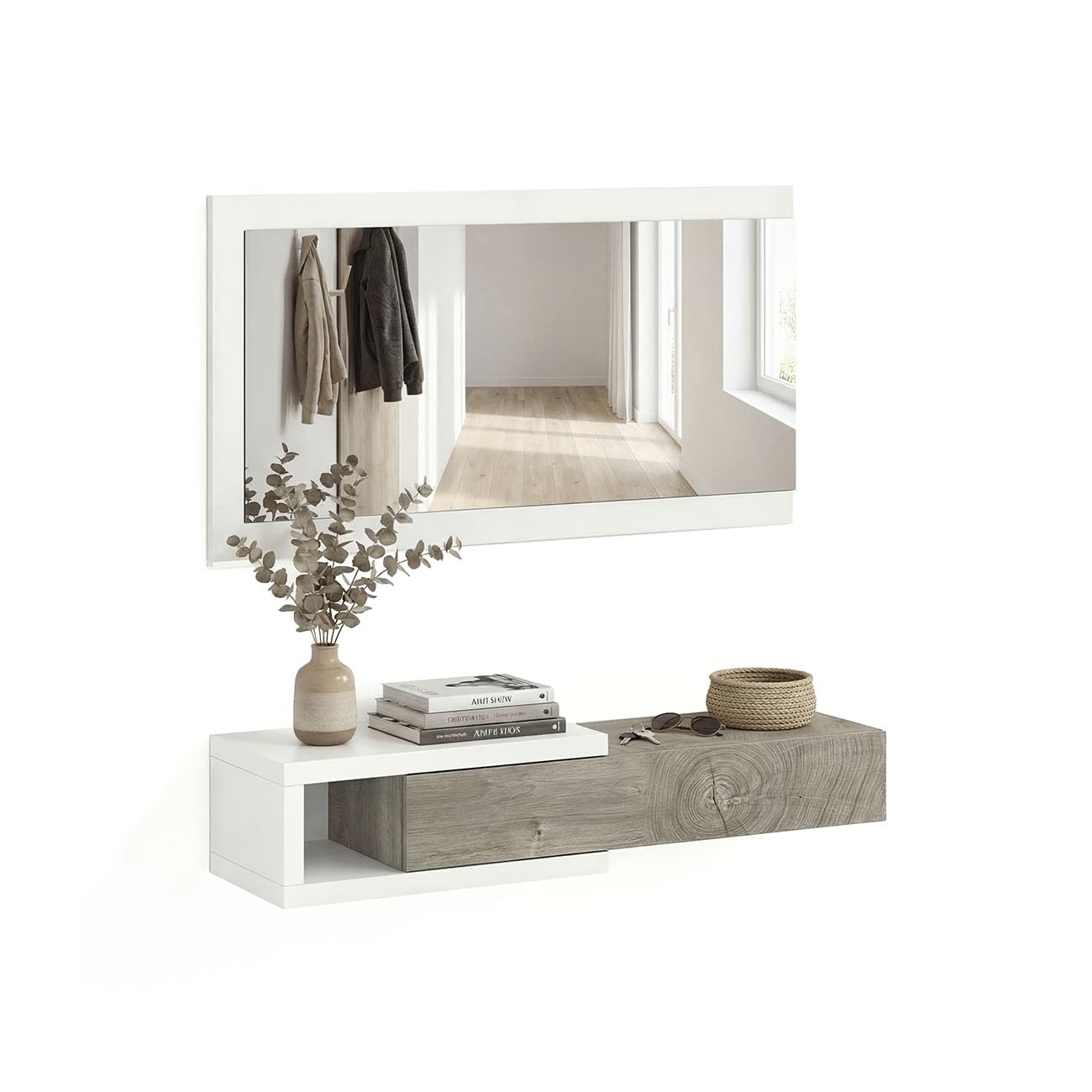 duehome | Recibidor con Cajon y Espejo, Mueble de Entrada, Modelo Derek, Acabado en Blanco Artik y Roble Alaska, Medidas: 95 cm (Ancho) x 19 cm (Alto) x 25,2 cm (Fondo)