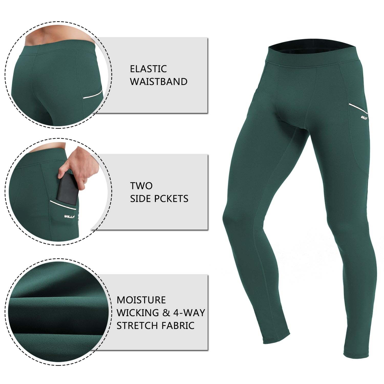 Willit Leggings da uomo per yoga, corsa, danza, con tasche, per ciclismo, allenamento, ad asciugatura rapida