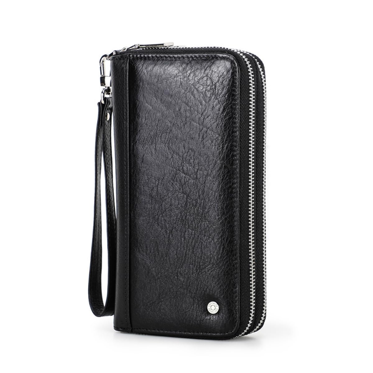 Hombre Bolso de Mano de Cuero Genuino Cartera Larga con Correa de Muñeca, Vintage Multifunción Bolsa de Embrague Doble Cremallera Wristlet Monedero, Business Clutch Gran Capacidad del Móvile Black