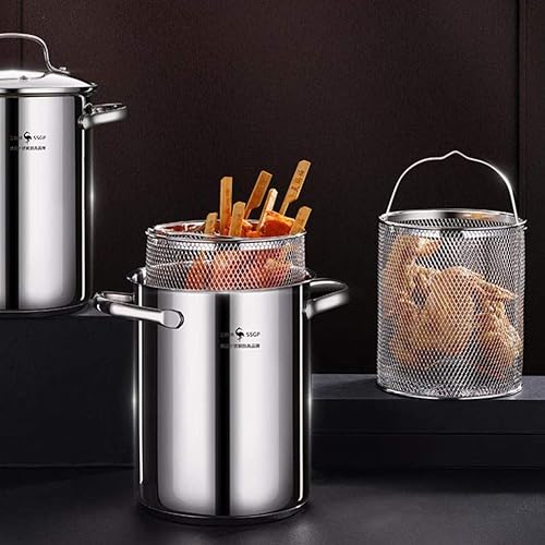 Miniatura 4 de Operitacx 1 juego de sartén de acero inoxidable estilo japonés sartén profunda con cesta para freír pescado camarones o Hushpuppies