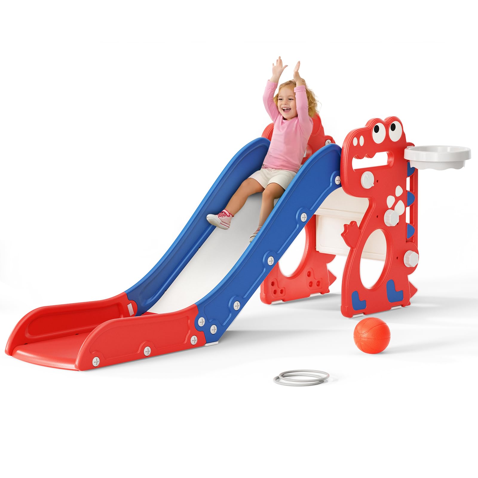 Krovtoy Scivolo per bambini, scivolo singolo con dinosauro con telaio a sfera, anello, attrezzatura per parco giochi con scivolo per bambini da 1 a 3 anni (dinosauro-rosso e blu)