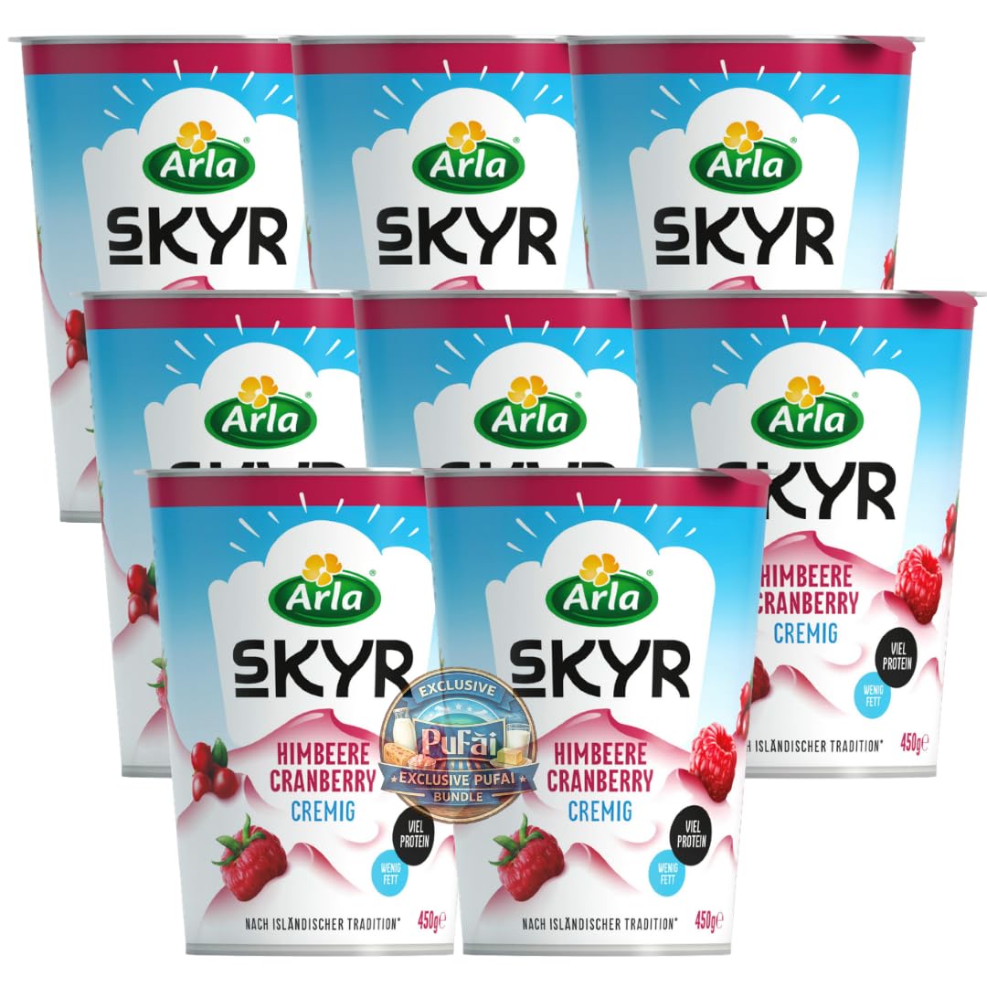 PUFAI Bundle – Arla Skyr Himbeer-Cranberry 450 g x 8 | Frisches Milchprodukt nach isländischer Art | Kühlpflichtiges Vorratspack