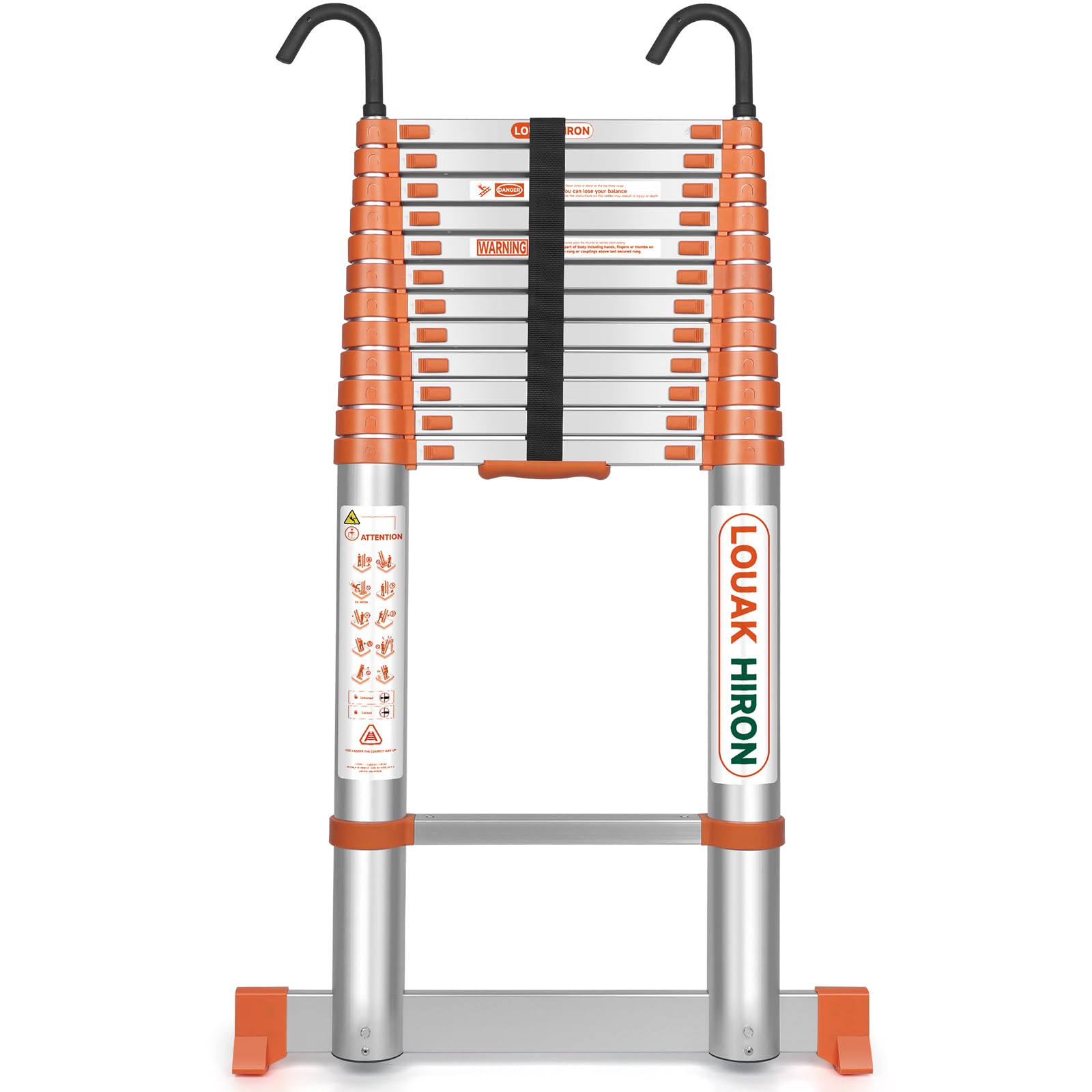 5,1M Alu Teleskopleiter mit Haken Ausziehbare Leiter Klappleiter mit Stabilisator Stehleiter Rutschfester, aus hochwertigem Aluminium, Ausziehleiter Mehrzweckleiter (orange)