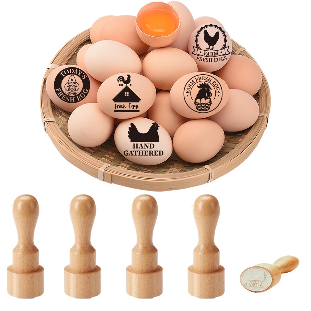 PRESSINART 5Pcs 5 Styles Farm Fresh Egg Stamps Rubber Stamps for Eggs 0.63 Inch Mini Round Wooden Rubber Cute Farm Fresh Stamper Ideal for Chicken Keepers Farmers Homesteaders Farmhouse Craft Supplies — image 1