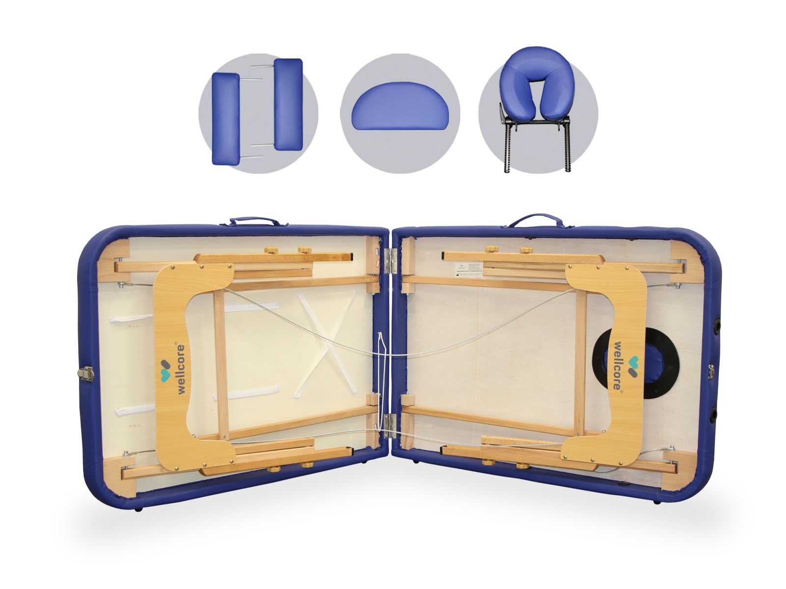 QUIRUMED Camilla de Masaje Plegable WELLCORE, Fabricada en Madera, Polipiel, 185 x 65 cm, Altura Regulable, Cabezal extraíble, Dos Brazos de ampliación, Agujero Facial, Color Blanco, hasta 225 kg